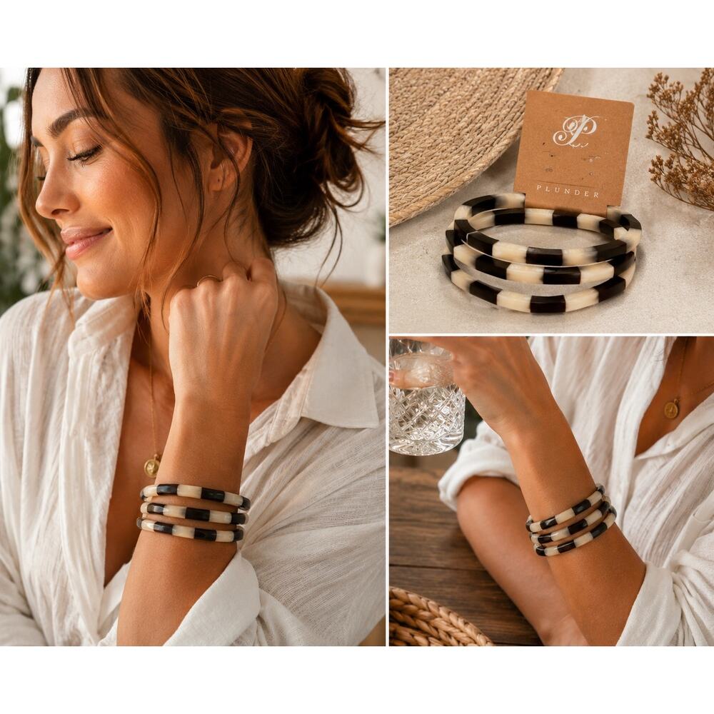 NWT Stackable Resin Bangle Bracelet Set Black White Modern Minimalist Bracelets